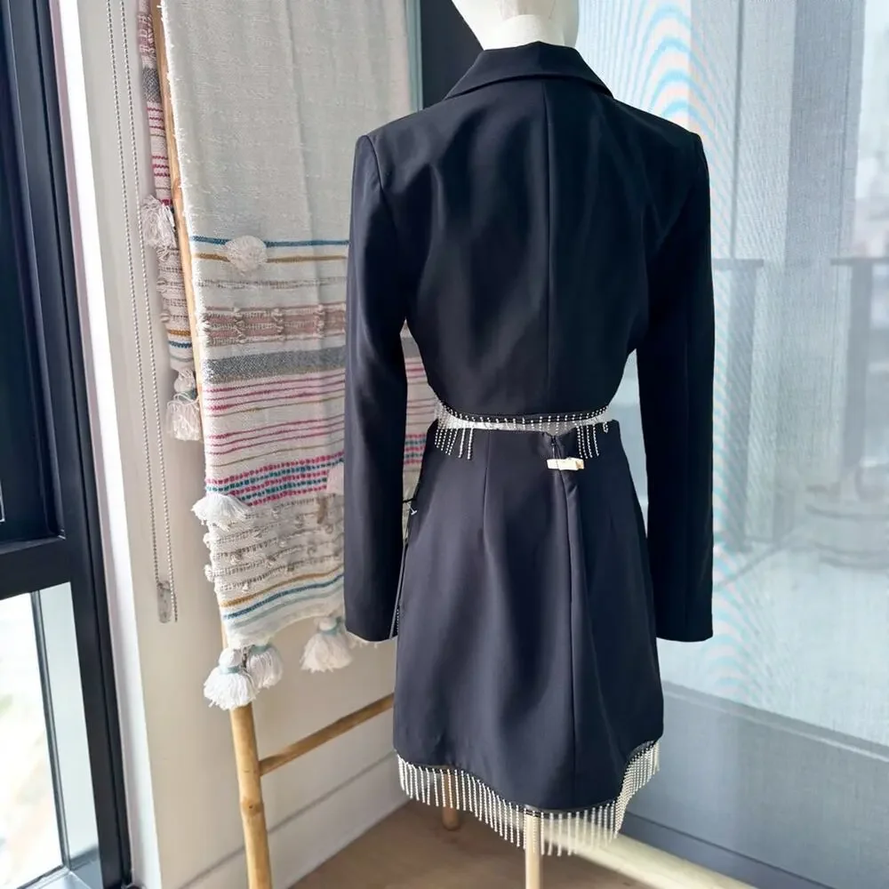 House of Harlow 1960 Black Rhinestone Fringe Blazer Mini Skirt Set Women’s Small - Picture 6 of 15